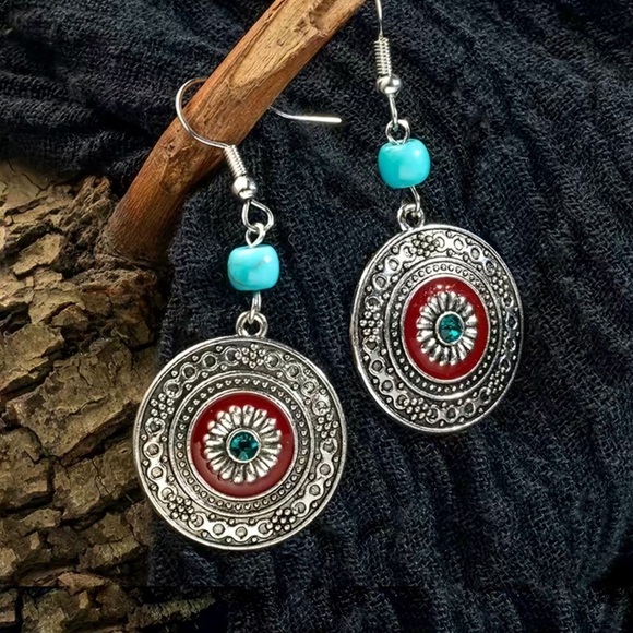 Boho Western Chic Dangle Drop Earrings Pierced Antique Silver Red Turquoise - Picture 1 of 16